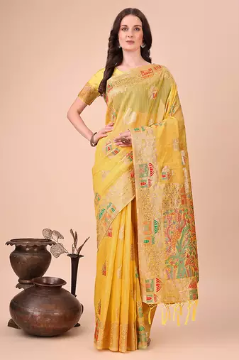 yellow woven cotton blend saree with artisanal motifs