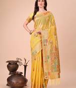 yellow woven cotton blend saree with artisanal motifs