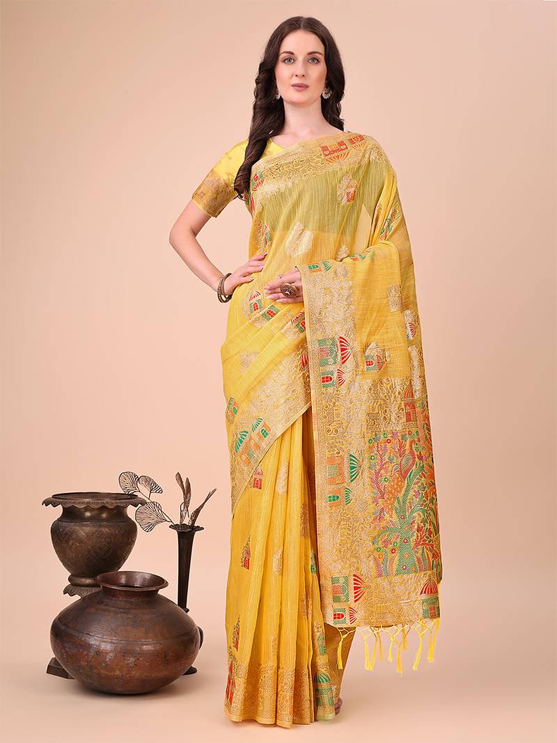 yellow woven cotton blend saree with artisanal motifs