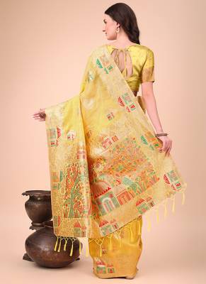 yellow woven cotton blend saree with artisanal motifs 2
