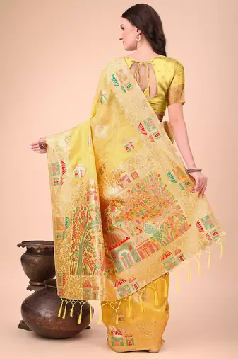 yellow woven cotton blend saree with artisanal motifs