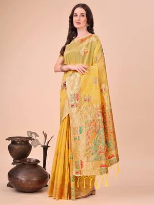 yellow woven cotton blend saree with artisanal motifs 3