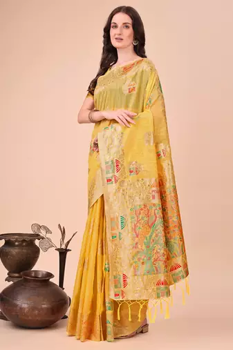yellow woven cotton blend saree with artisanal motifs