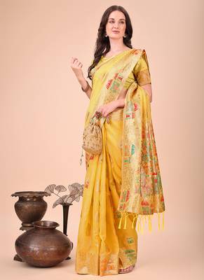 yellow woven cotton blend saree with artisanal motifs 4