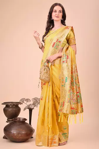 yellow woven cotton blend saree with artisanal motifs