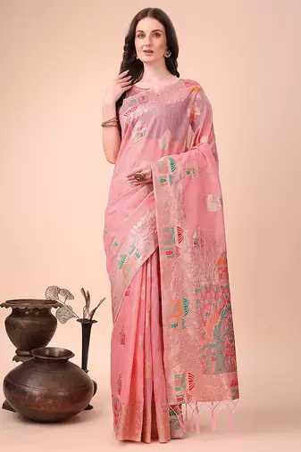 pink woven cotton blend saree with artisanal motifs