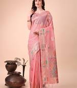 pink woven cotton blend saree with artisanal motifs