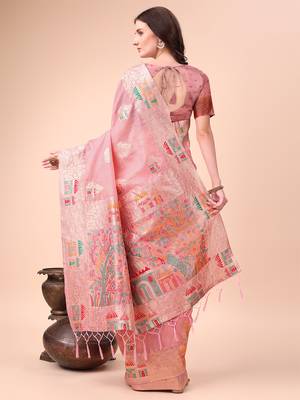 pink woven cotton blend saree with artisanal motifs 2
