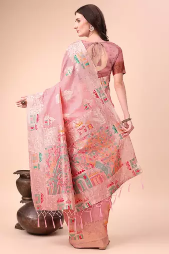pink woven cotton blend saree with artisanal motifs