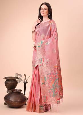 pink woven cotton blend saree with artisanal motifs 3