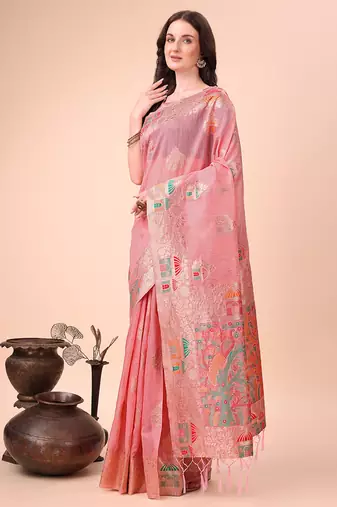 pink woven cotton blend saree with artisanal motifs