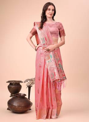 pink woven cotton blend saree with artisanal motifs 4
