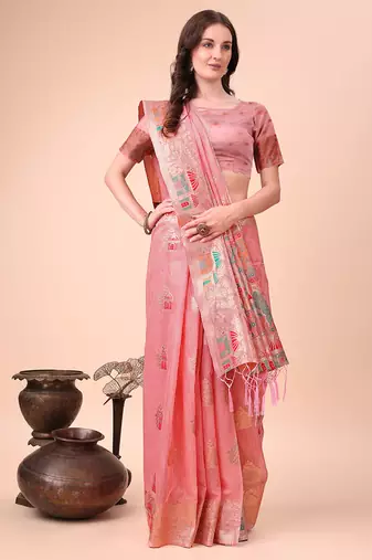 pink woven cotton blend saree with artisanal motifs