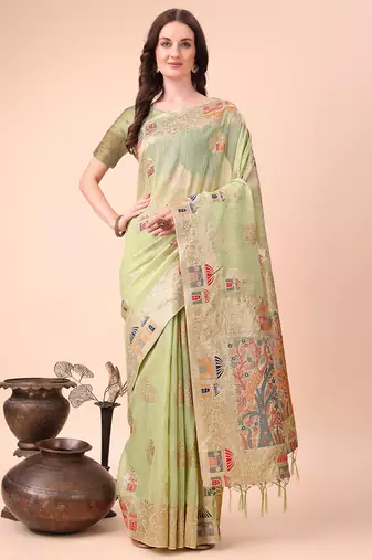 light green woven cotton blend saree with artisanal motifs