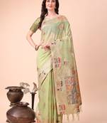 light green woven cotton blend saree with artisanal motifs