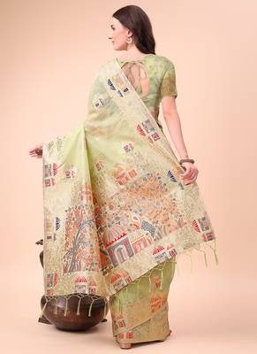light green woven cotton blend saree with artisanal motifs 2