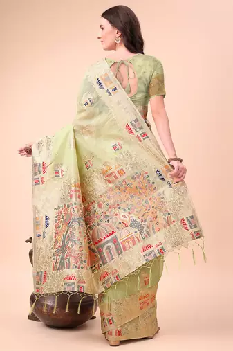 light green woven cotton blend saree with artisanal motifs