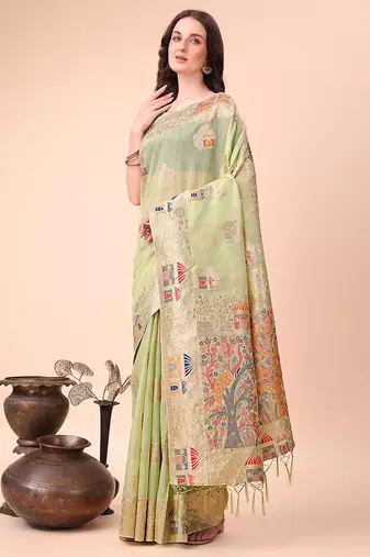 light green woven cotton blend saree with artisanal motifs