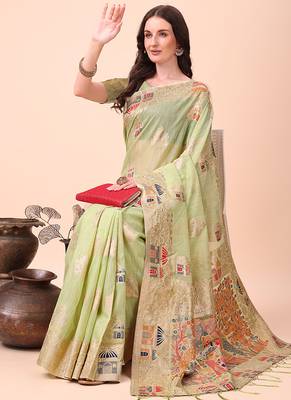 light green woven cotton blend saree with artisanal motifs 4