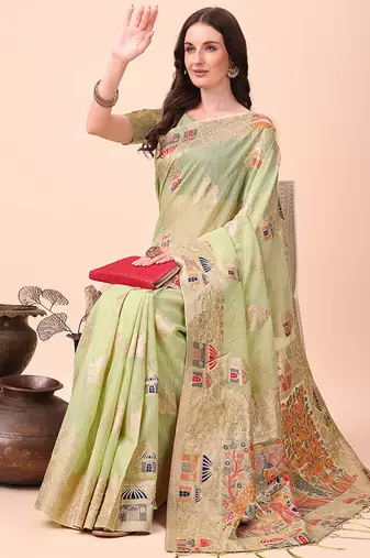 light green woven cotton blend saree with artisanal motifs