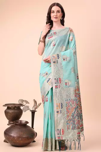 sky blue woven cotton blend saree with artisanal motifs