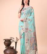 sky blue woven cotton blend saree with artisanal motifs
