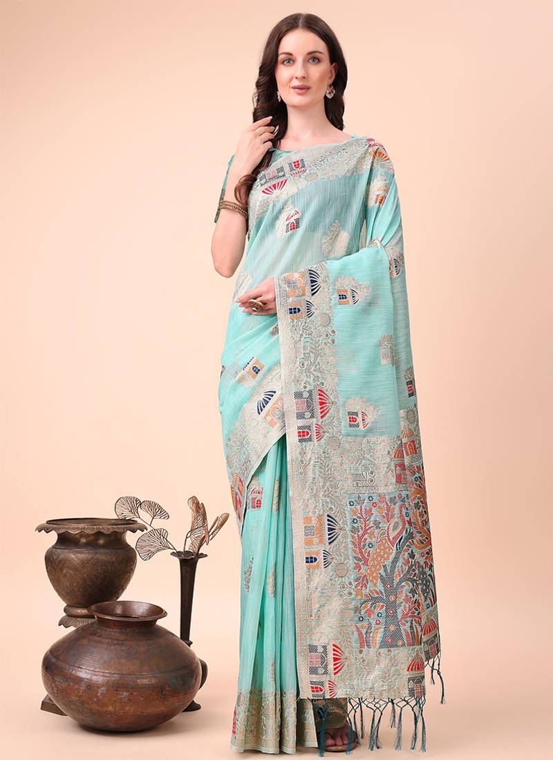 sky blue woven cotton blend saree with artisanal motifs