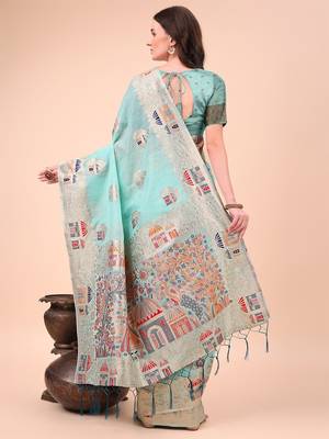 sky blue woven cotton blend saree with artisanal motifs 2