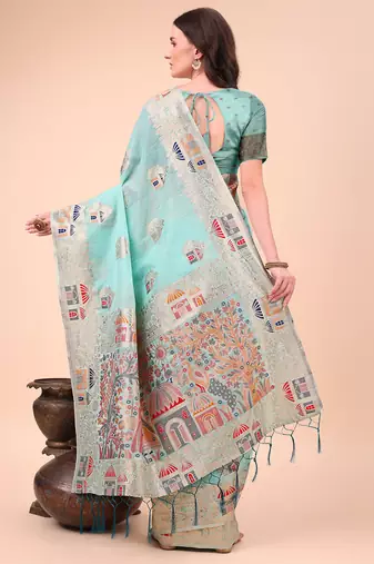 sky blue woven cotton blend saree with artisanal motifs