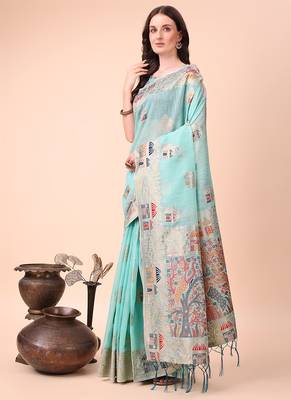 sky blue woven cotton blend saree with artisanal motifs 3