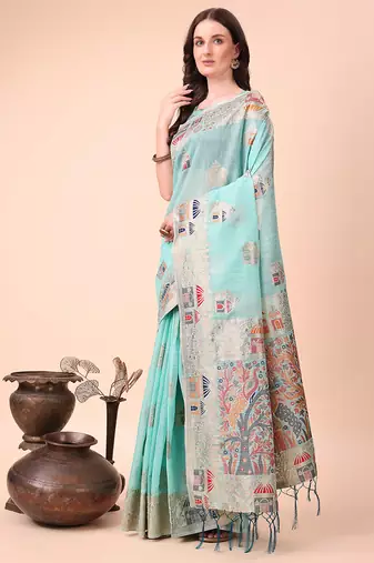 sky blue woven cotton blend saree with artisanal motifs