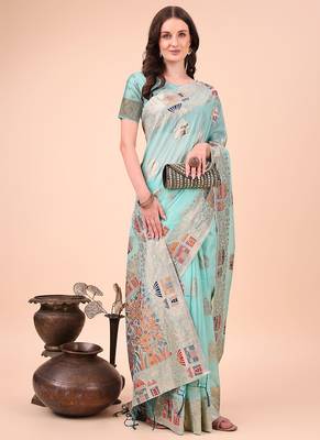 sky blue woven cotton blend saree with artisanal motifs 4