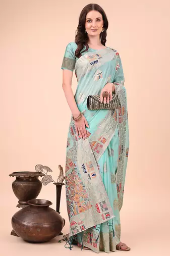 sky blue woven cotton blend saree with artisanal motifs