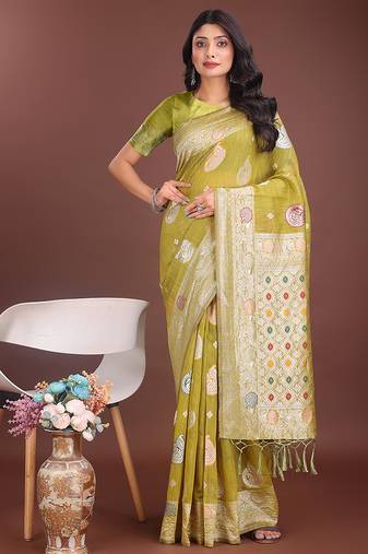 olive green cotton blend saree with woven zari pallu