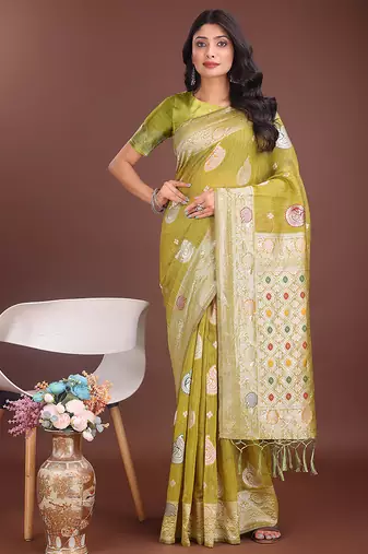 olive green cotton blend saree with woven zari pallu