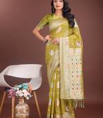 olive green cotton blend saree with woven zari pallu
