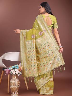 olive green cotton blend saree with woven zari pallu 2