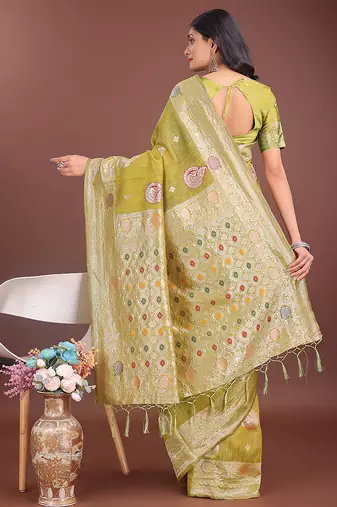 olive green cotton blend saree with woven zari pallu