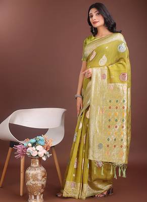 olive green cotton blend saree with woven zari pallu 3