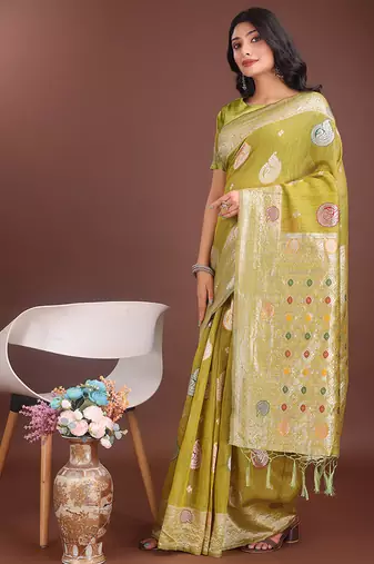 olive green cotton blend saree with woven zari pallu