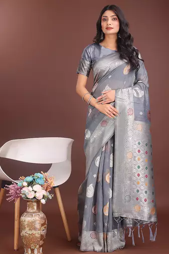 grey cotton blend saree with woven zari pallu