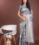 grey cotton blend saree with woven zari pallu