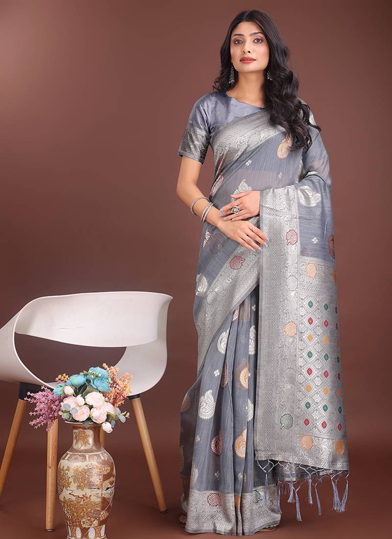 grey cotton blend saree with woven zari pallu
