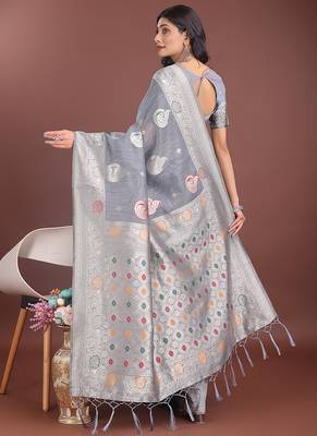 grey cotton blend saree with woven zari pallu 2