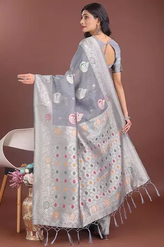 grey cotton blend saree with woven zari pallu