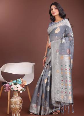 grey cotton blend saree with woven zari pallu 3