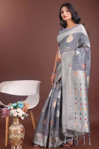 grey cotton blend saree with woven zari pallu