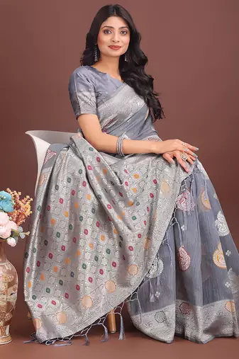 grey cotton blend saree with woven zari pallu