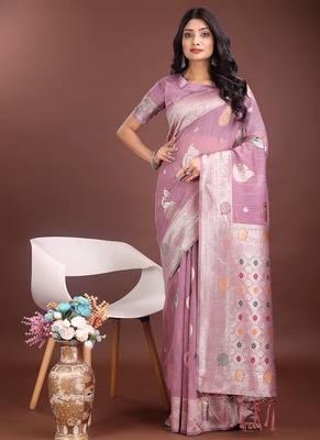 lilac cotton blend saree with woven zari pallu 1
