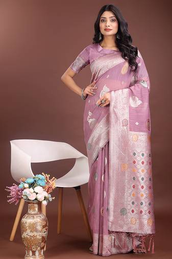lilac cotton blend saree with woven zari pallu